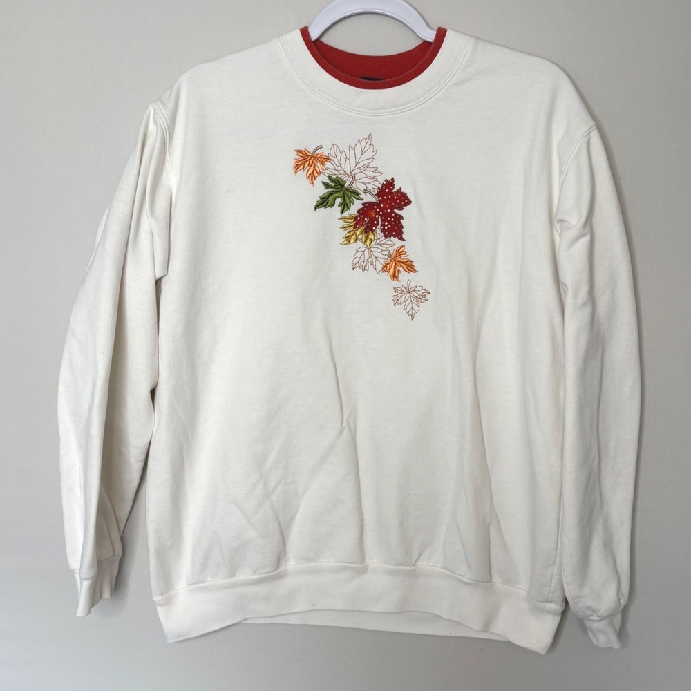 Vtg 90s Morning Sun Sweatshirt L White Embroidered Fall Leaves Grannycore Cozy